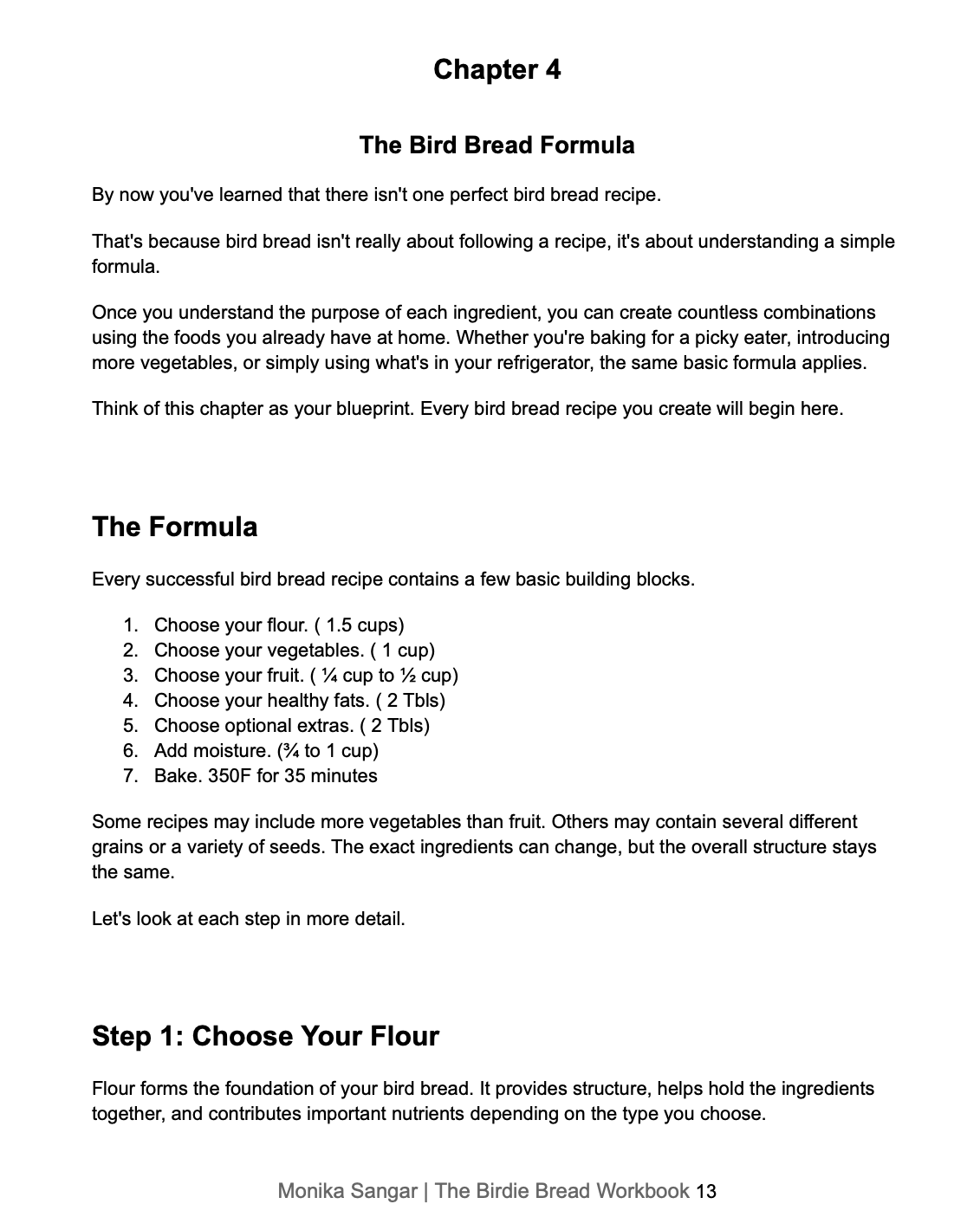 A scanned or photographed page from a book titled 'Chapter 4 The Bird Bread Formula' by Monika Sanger, showing black text on a white page with sections on bird bread ingredients and a numbered flour selection list.