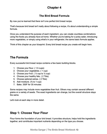 A scanned or photographed page from a book titled 'Chapter 4 The Bird Bread Formula' by Monika Sanger, showing black text on a white page with sections on bird bread ingredients and a numbered flour selection list.