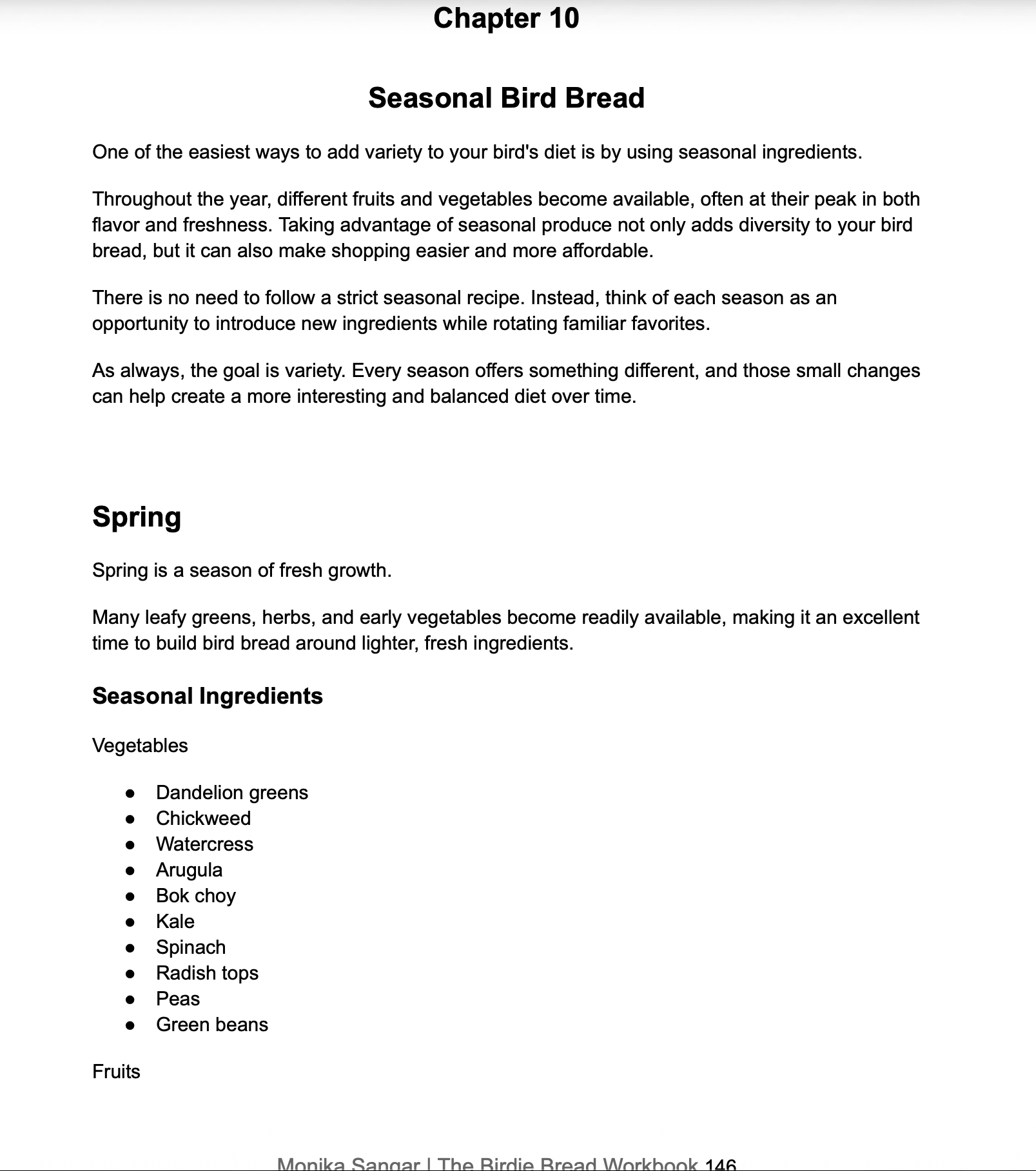 A scanned page from a cookbook or recipe booklet titled 'Chapter 10 Seasonal Bird Bread' with introductory text about seasonal ingredients and a bulleted list of vegetables and fruits under the heading 'Seasonal Ingredients' on a white page.