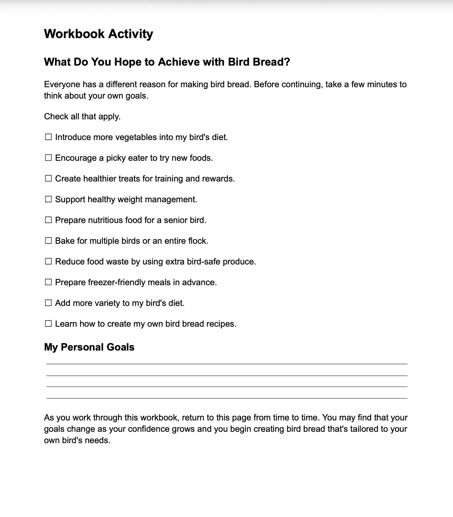 A black and white printable workbook activity sheet titled 'What Do You Hope to Achieve with Bird Bread?' with checklist prompts and a section for personal goals.