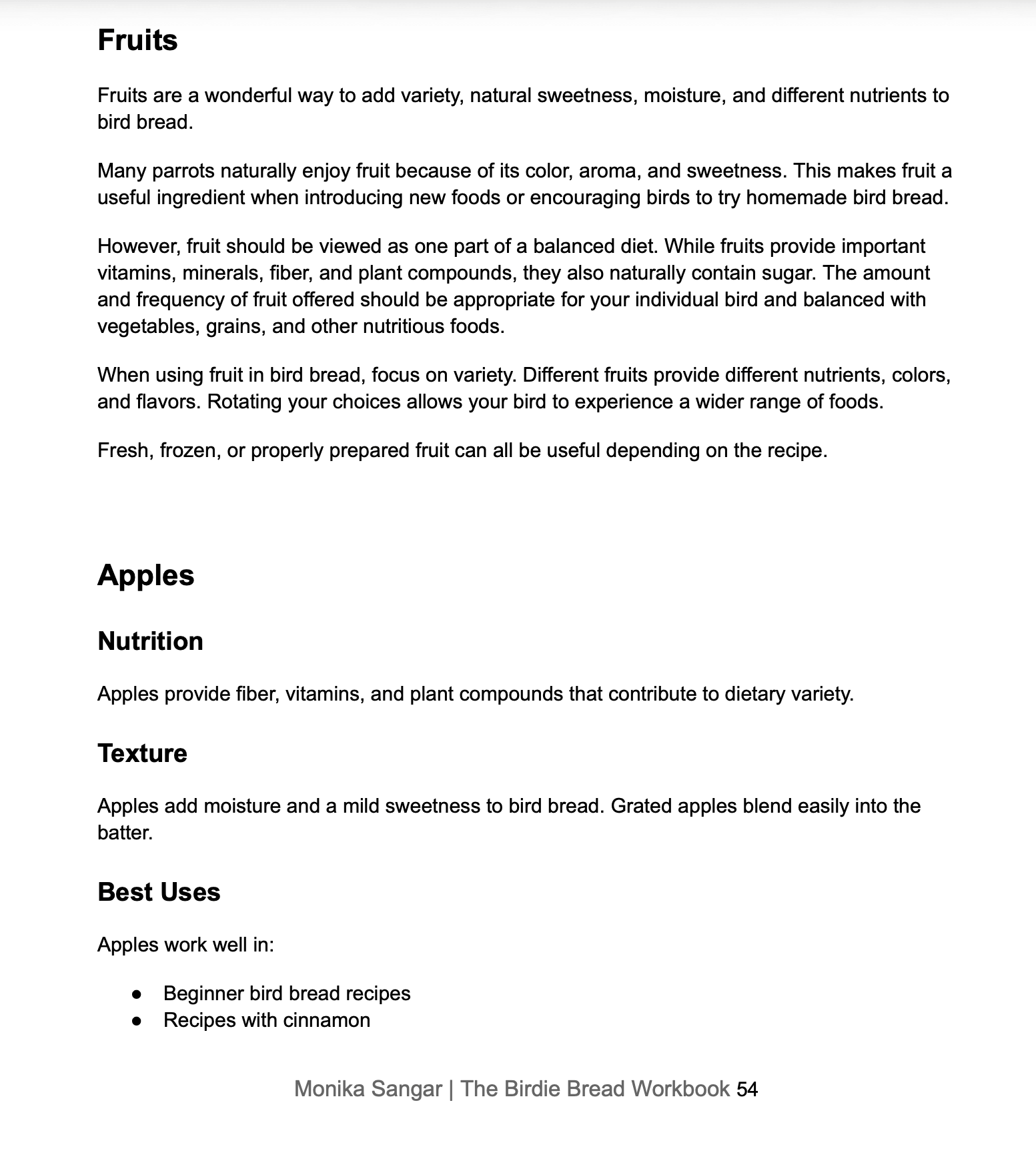 A page from a bird feeding workbook titled 'Fruits' by Monika Sangar, featuring text about using fruits in bird recipes, with headings for Fruits, Nutrition, Texture, and Best Uses.