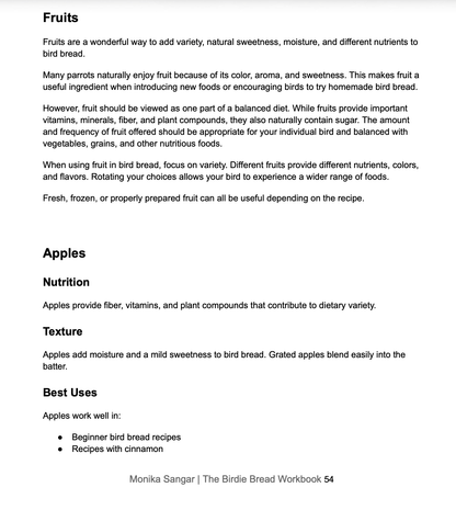 A page from a bird feeding workbook titled 'Fruits' by Monika Sangar, featuring text about using fruits in bird recipes, with headings for Fruits, Nutrition, Texture, and Best Uses.