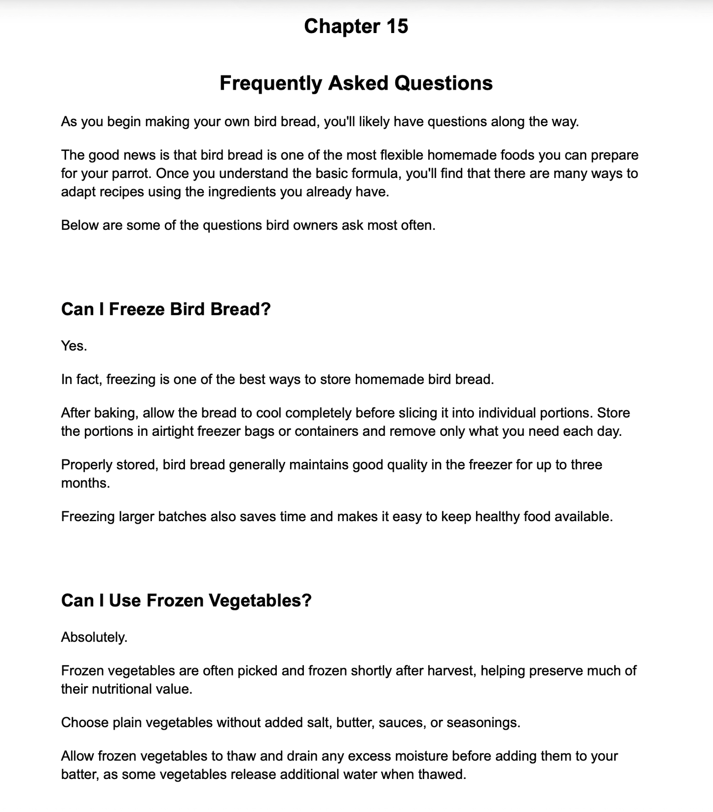A digital document page titled 'Chapter 15 Frequently Asked Questions' with black text on a white background, addressing queries about making and storing bird bread and using frozen vegetables.