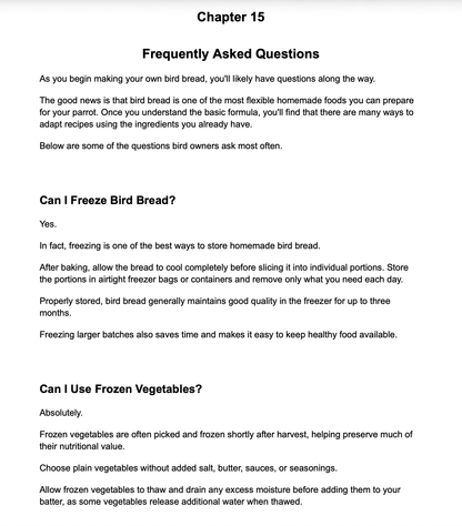 A digital document page titled 'Chapter 15 Frequently Asked Questions' with black text on a white background, addressing queries about making and storing bird bread and using frozen vegetables.