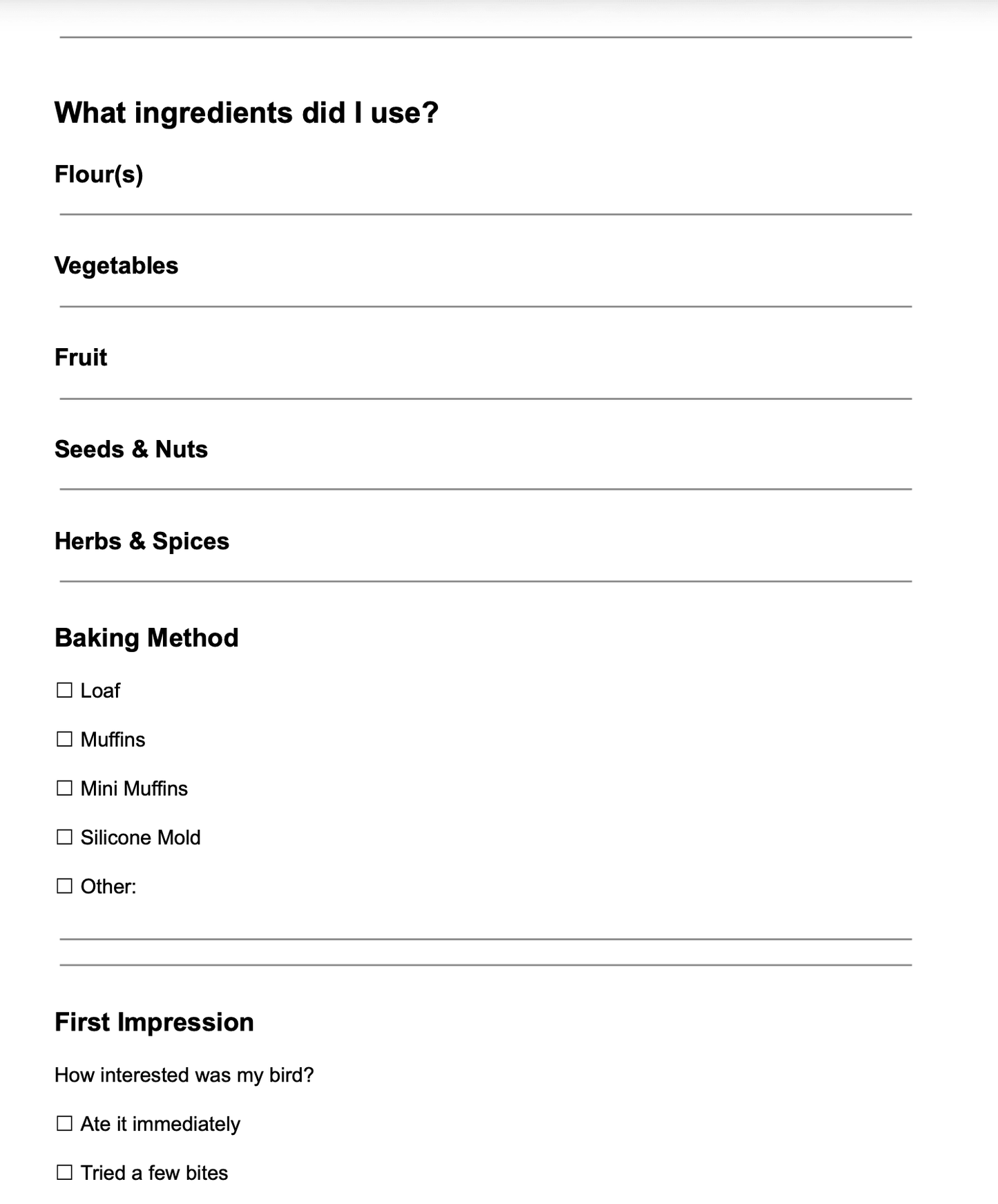 A printed form with fields for writing down ingredients used, baking method, and a section titled 'First Impression' with checkboxes for feeding a bird.