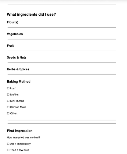 A printed form with fields for writing down ingredients used, baking method, and a section titled 'First Impression' with checkboxes for feeding a bird.