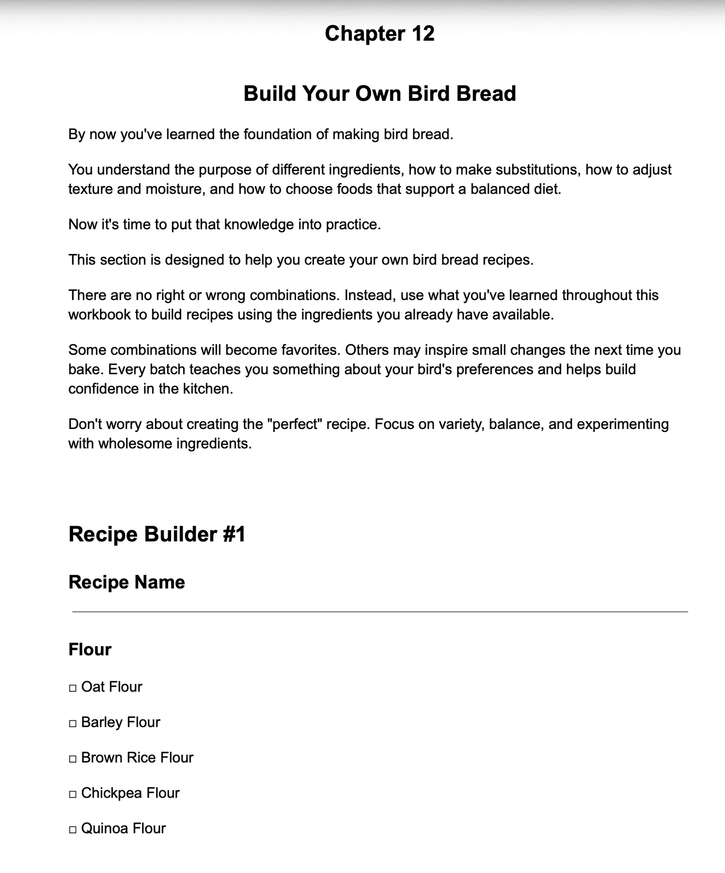 A black and white screenshot of a printed recipe booklet page titled 'Chapter 12 Build Your Own Bird Bread' with introductory text and a 'Recipe Builder #1' form listing flour options.