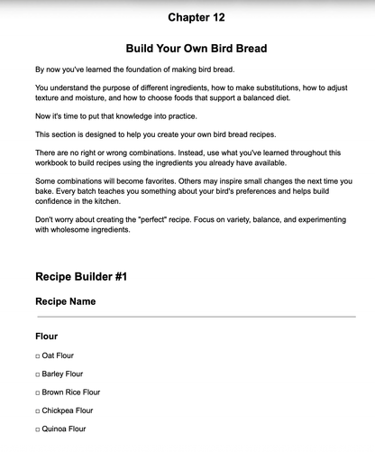 A black and white screenshot of a printed recipe booklet page titled 'Chapter 12 Build Your Own Bird Bread' with introductory text and a 'Recipe Builder #1' form listing flour options.