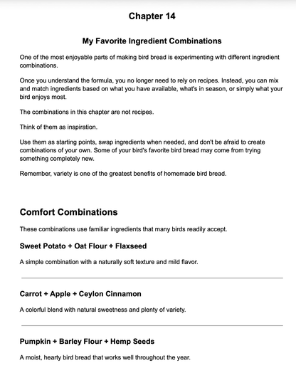 A text-based page from a book or guide titled 'Chapter 14 My Favorite Ingredient Combinations' with paragraphs of black text on a white page and three recipe-style combinations listed below: Sweet Potato + Oat Flour + Flaxseed, Carrot + Apple + Ceylon Cinnamon, and Pumpkin + Barley Flour + Hemp Seeds.