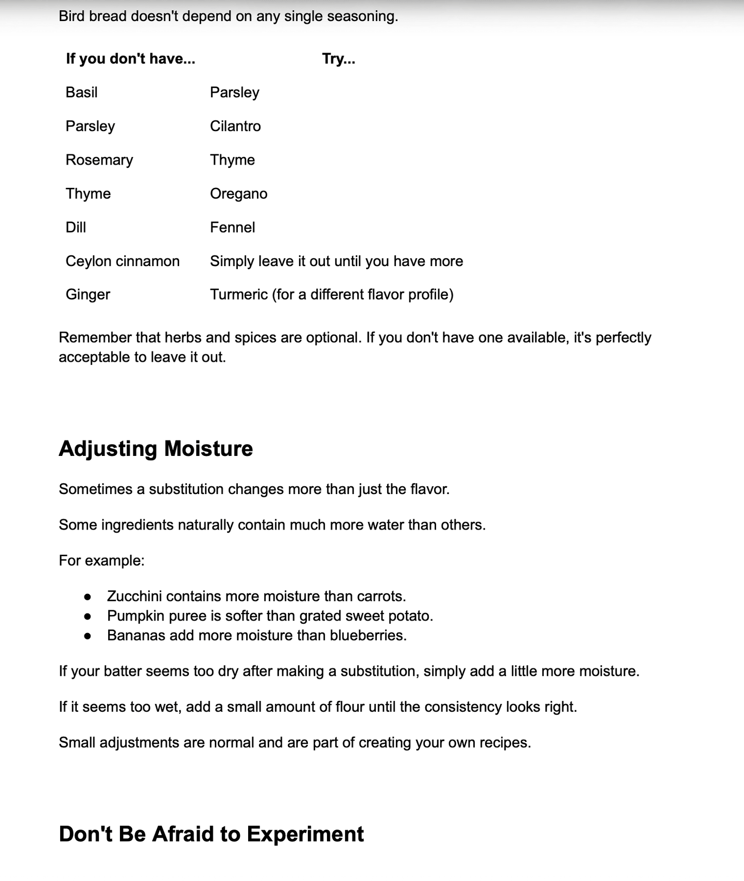 A printed informational sheet with text about bird bread seasoning substitutions and adjusting moisture, laid out on a white background.