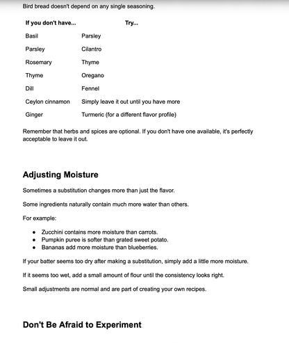 A printed informational sheet with text about bird bread seasoning substitutions and adjusting moisture, laid out on a white background.