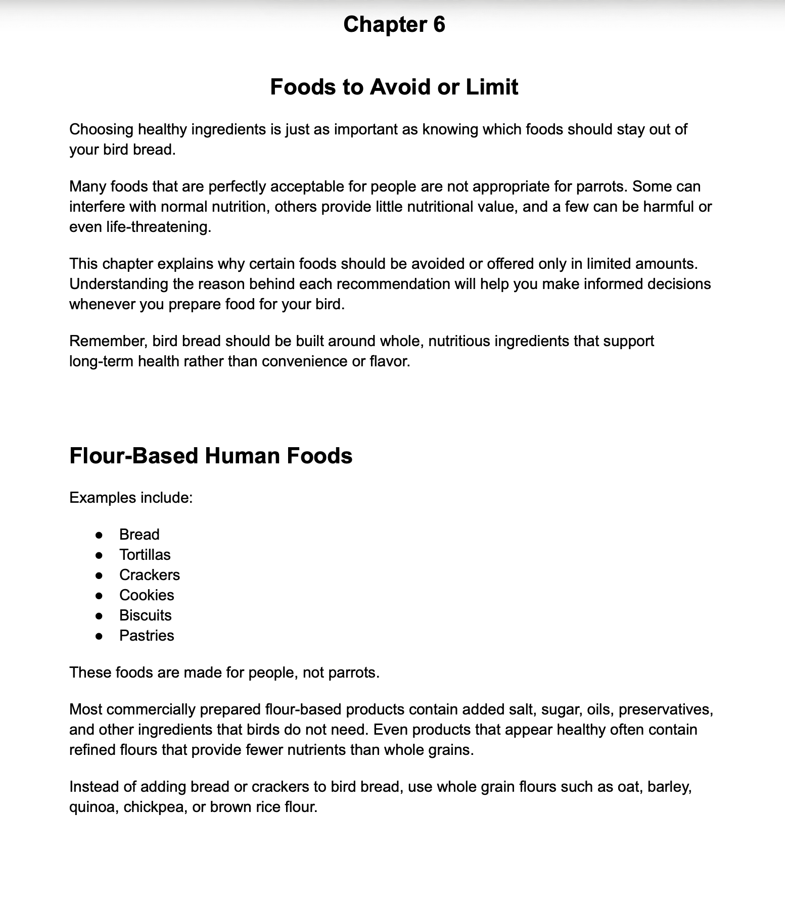 A scanned or photographed page from a book or guide, showing the heading 'Chapter 6' and the section 'Foods to Avoid or Limit,' with paragraphs of text and a bulleted list under the subheading 'Flour-Based Human Foods.'.