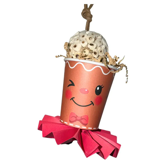 cup with sola ball and pinwheel bird toy 
