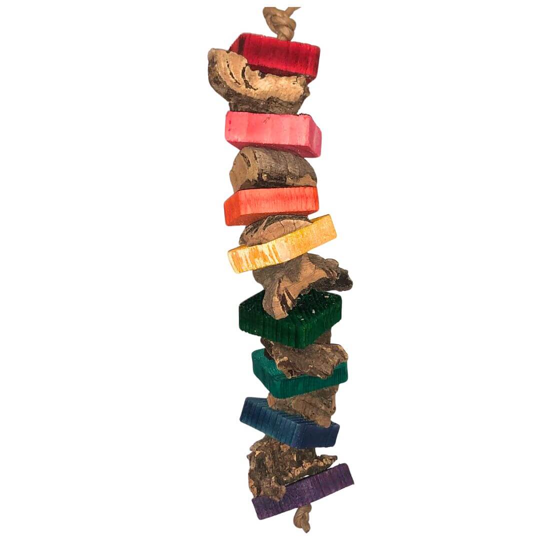 Colorful bird toy made of wood and cork on a white background