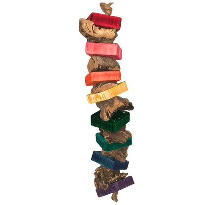 Colorful bird toy made of wood and cork on a white background