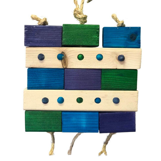 Parrot bird toy with blue, green, and purple blocks blocks on a white background