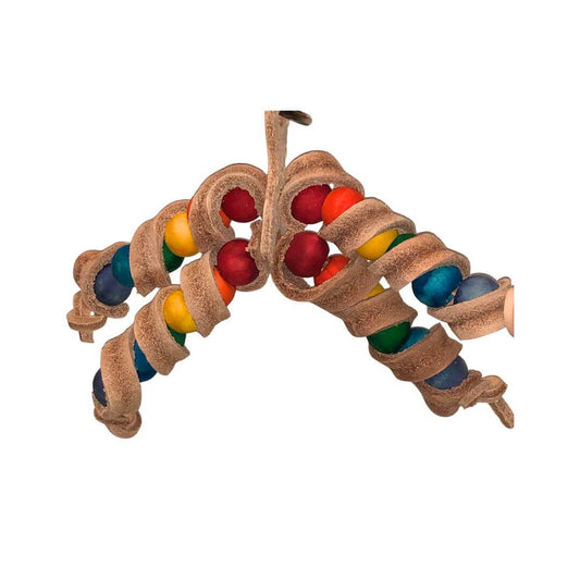 Leather bird toy with twist and rainbow beads