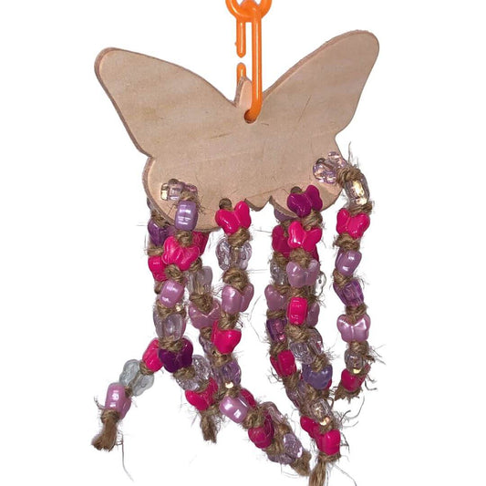 Butterfly-shaped wooden ornament with beaded strings on a white background