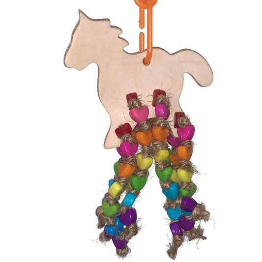 Colorful horse-shaped hanging toy with beads on a white background