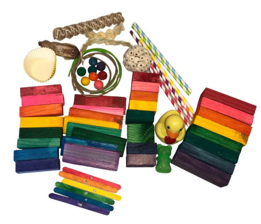 Colorful bird toy set with wooden blocks, nest, and duckling on a white background