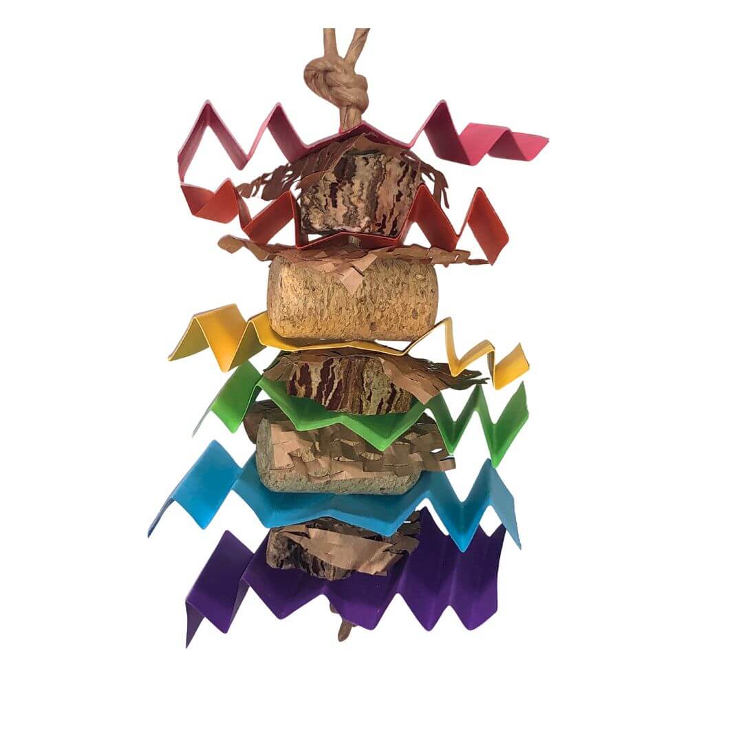 Colorful bird toy with pods on a white background