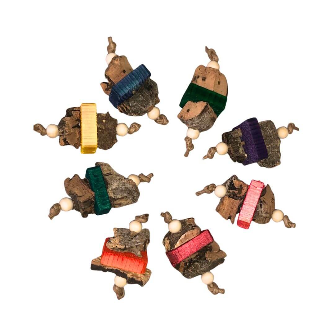 bird foot toys with colorful pine wood blocks and natural cork bark. 
