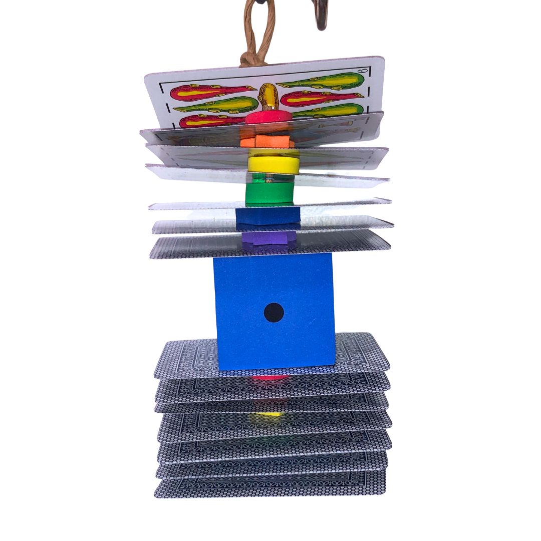 Colorful bird toy with cards and a foam dice on a white background