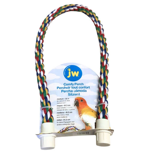 A braided bird perch with white plastic ends, featuring a multicolor rope (red, green, blue, white) and a printed product label showing the brand 'jw' and a small bird illustration.
