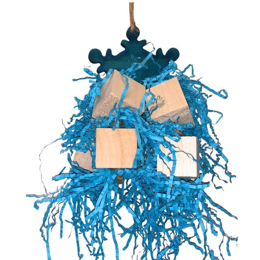 wood snowflake with balsa blocks hanging. 