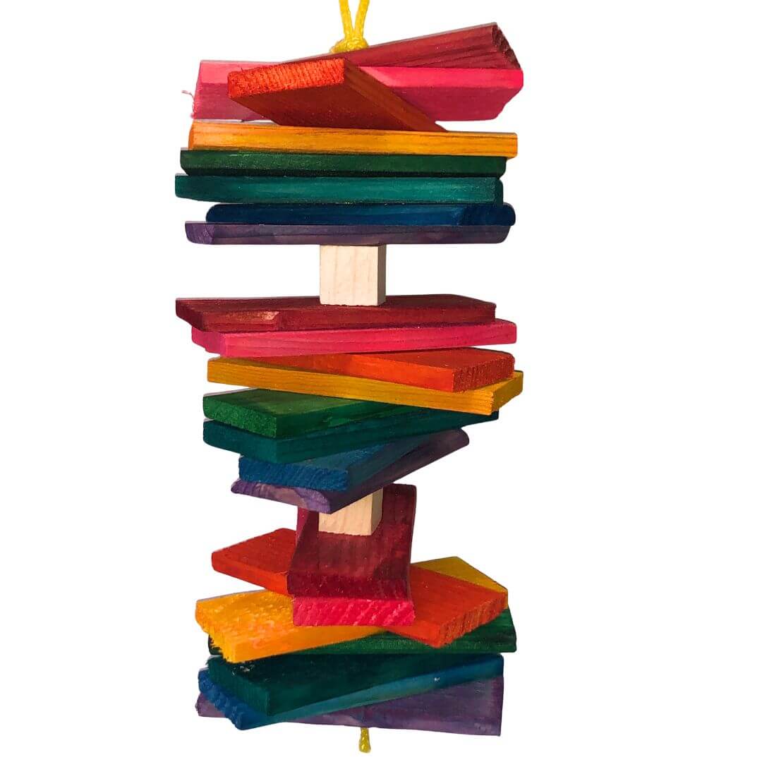 Colorful wooden stacking bird toy on a white background