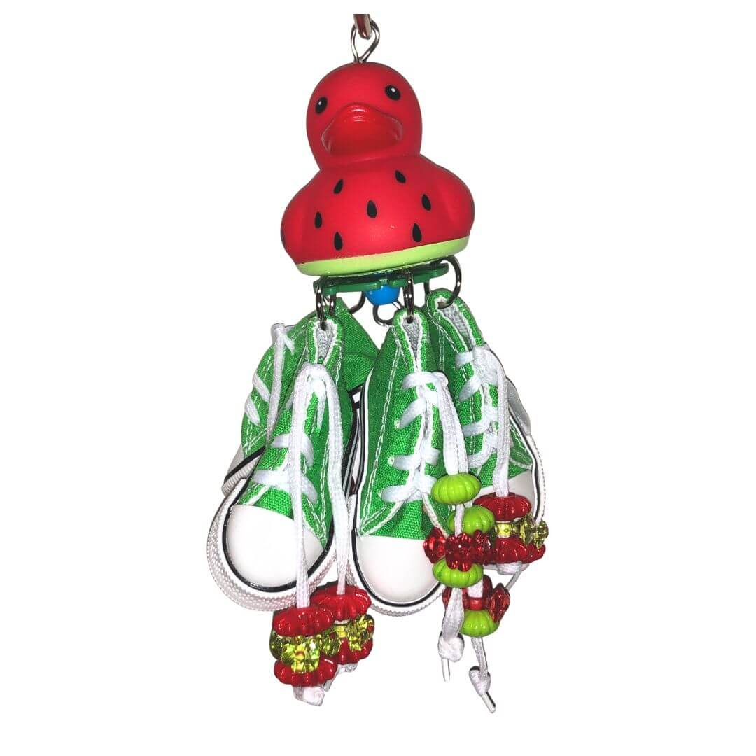 strawberry duck with green shoes bird toy. 
