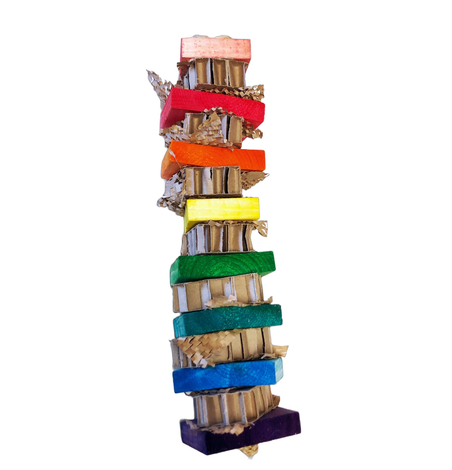 rainbow pinewood blocks with cardboard and shreddable paper bird toy