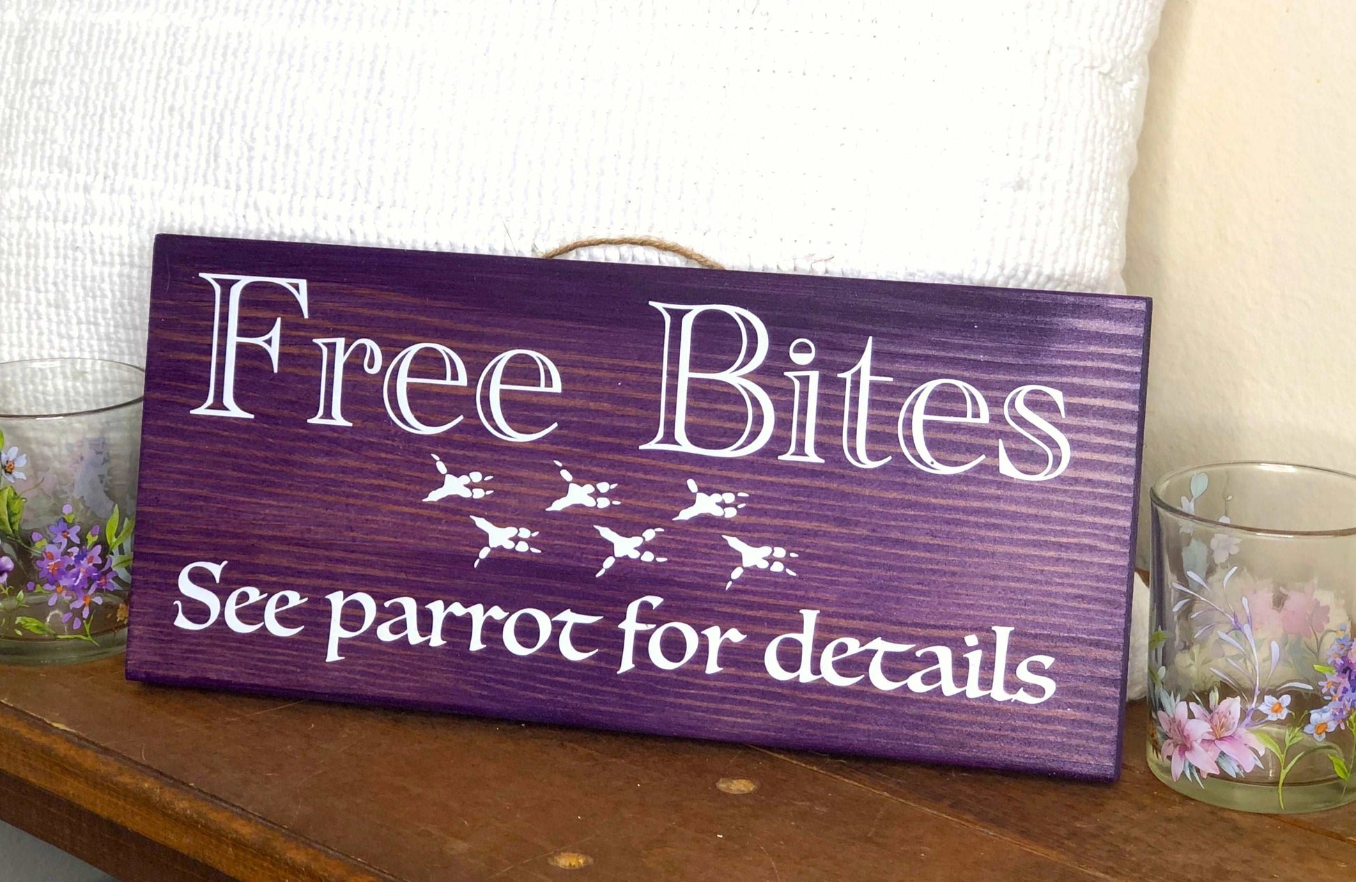 free bites, see parrot for details wood sign