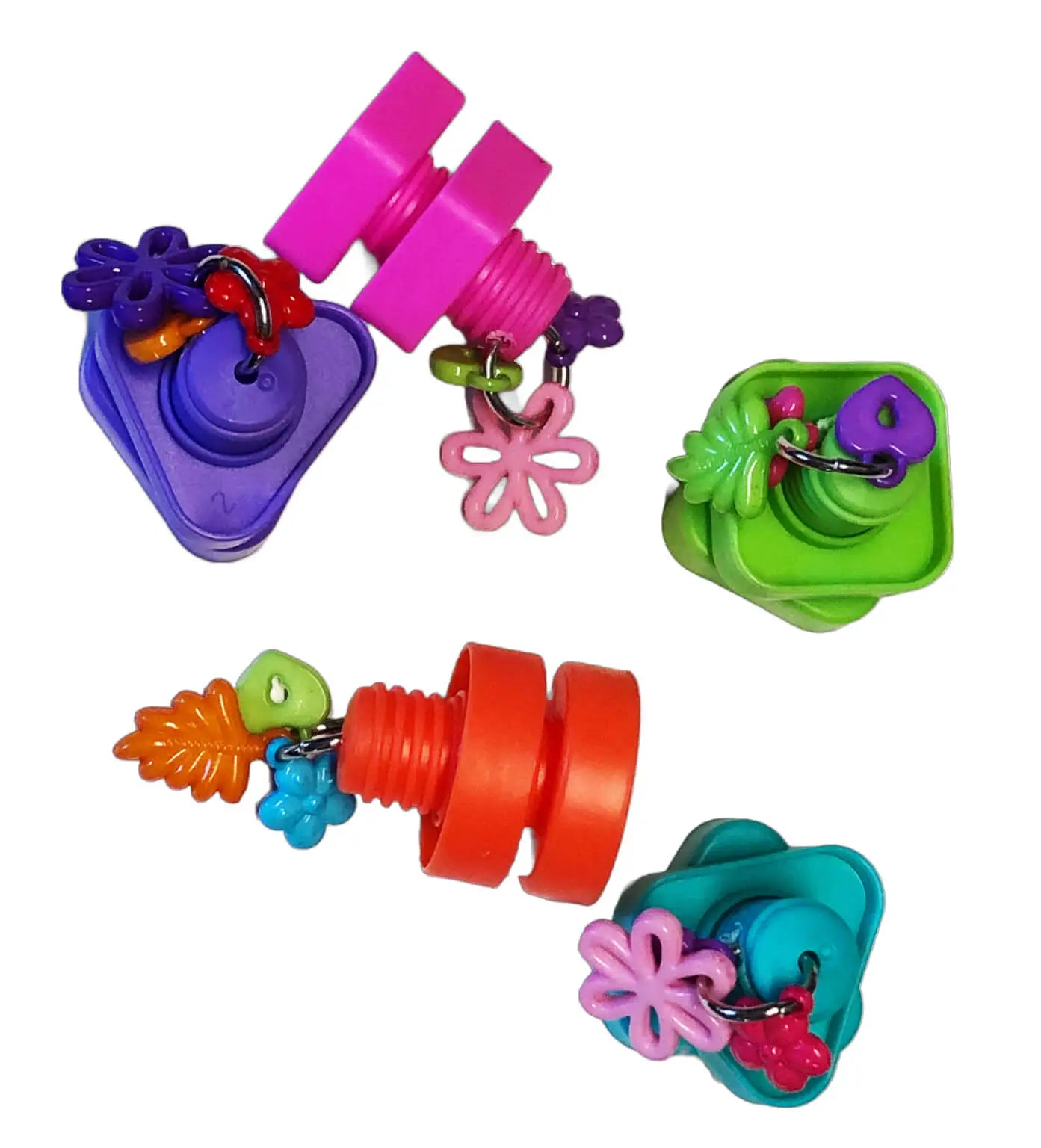 nut and bolt parrot foot toys in different colors 