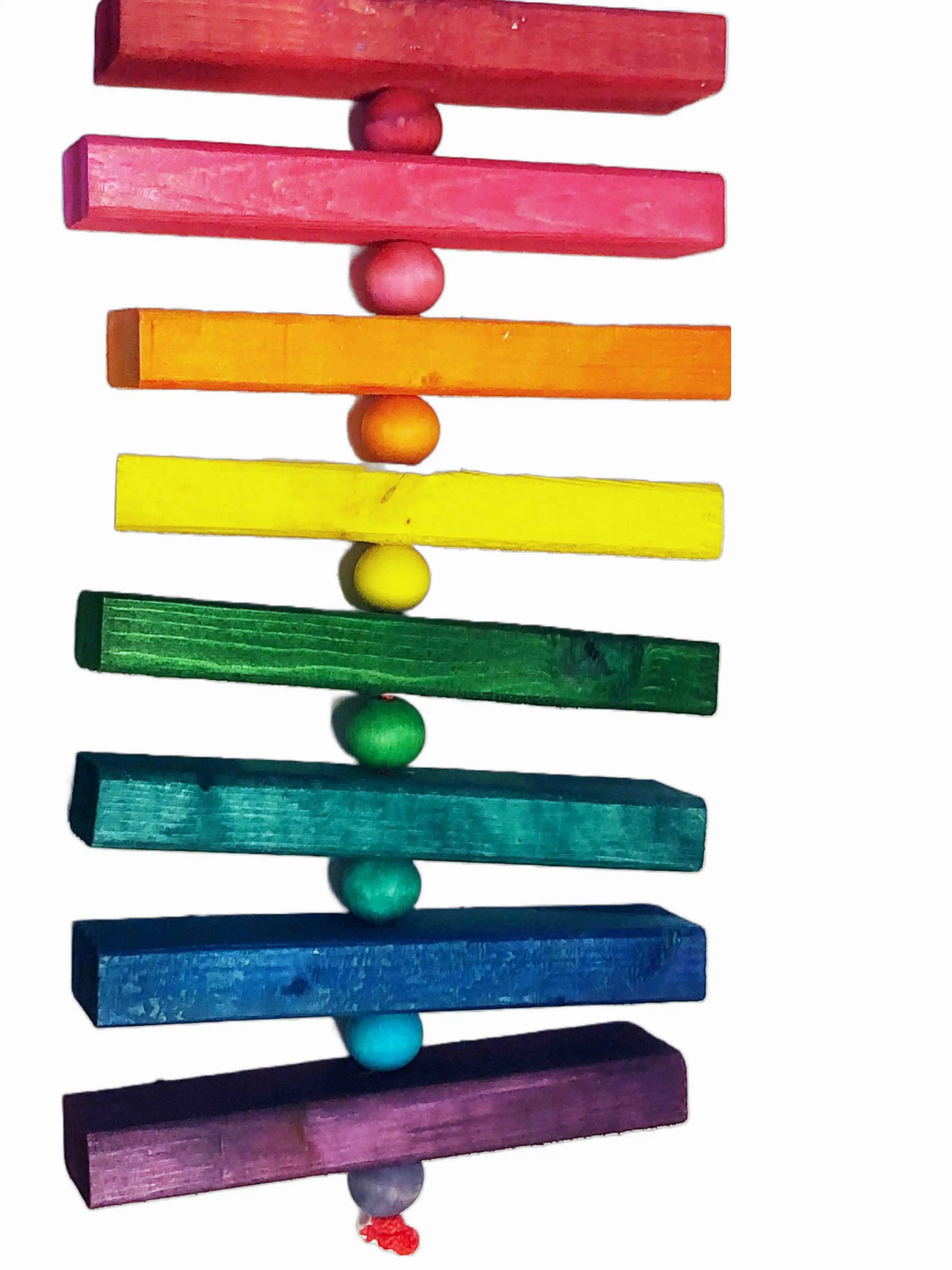 Pinewood bird toy with rainbow blocks