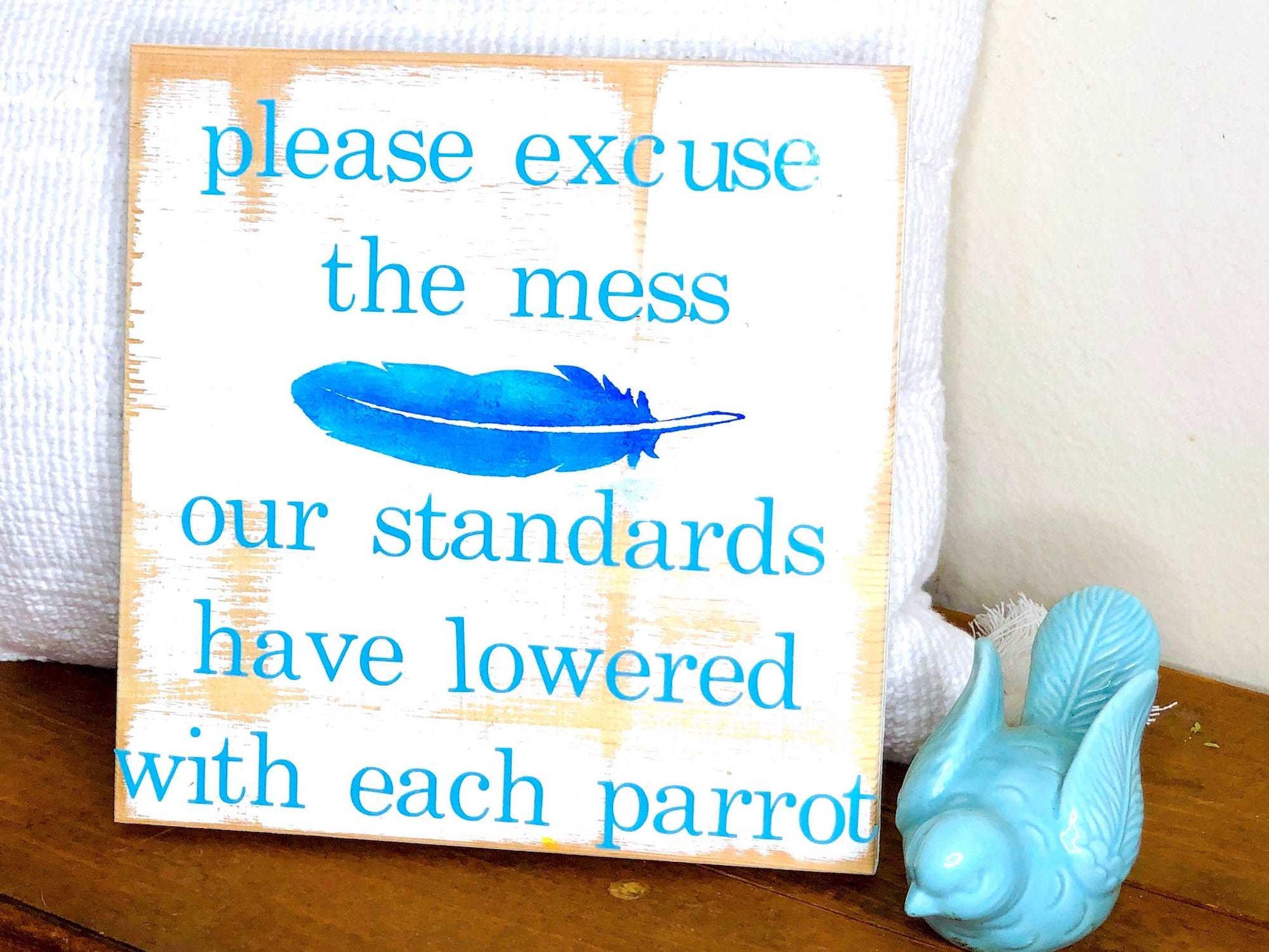 please excuse the mess funny parrot wood sign