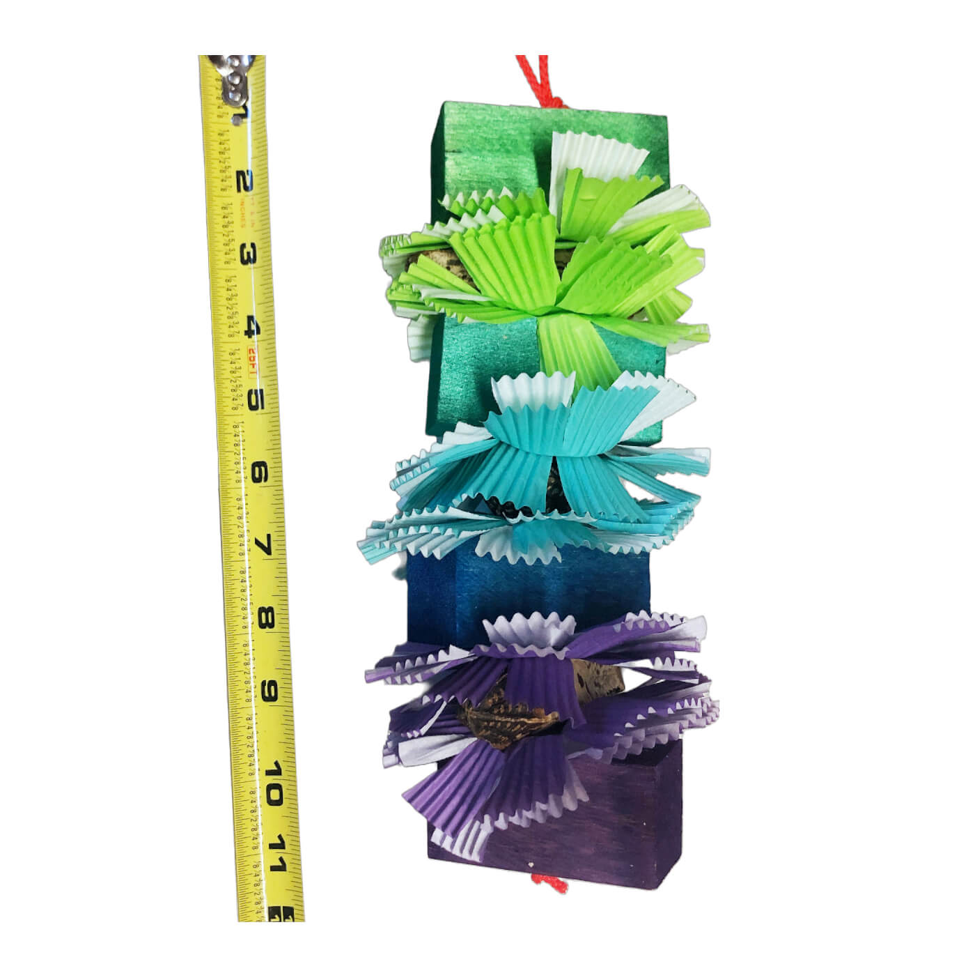 green to purple balsa wood toy for parrots