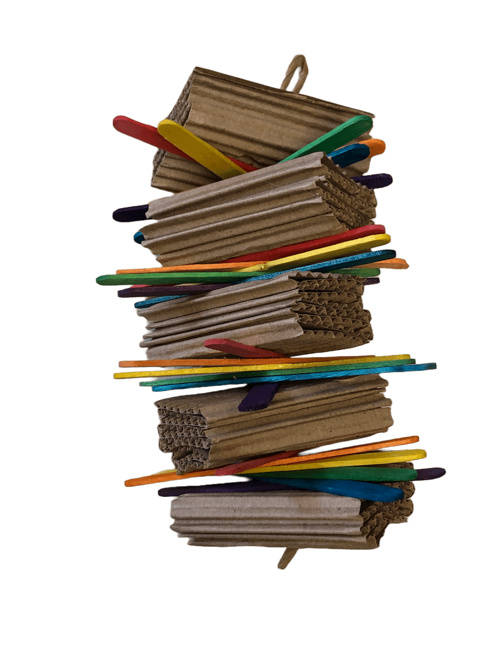 Shreddable parrot toys with cardboard and popsicle sticks