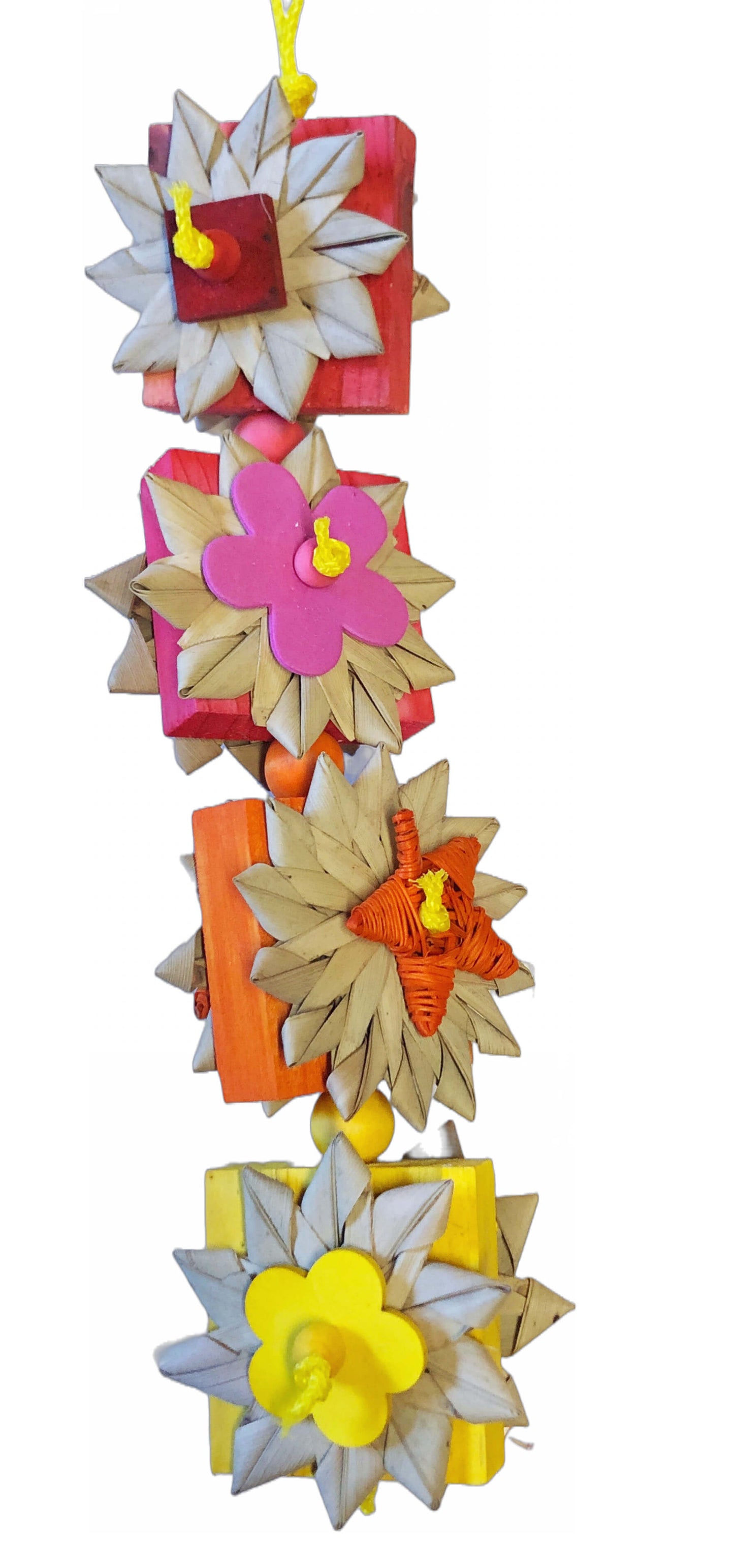 fun colorful bird toys with palm flowers and wood blocks