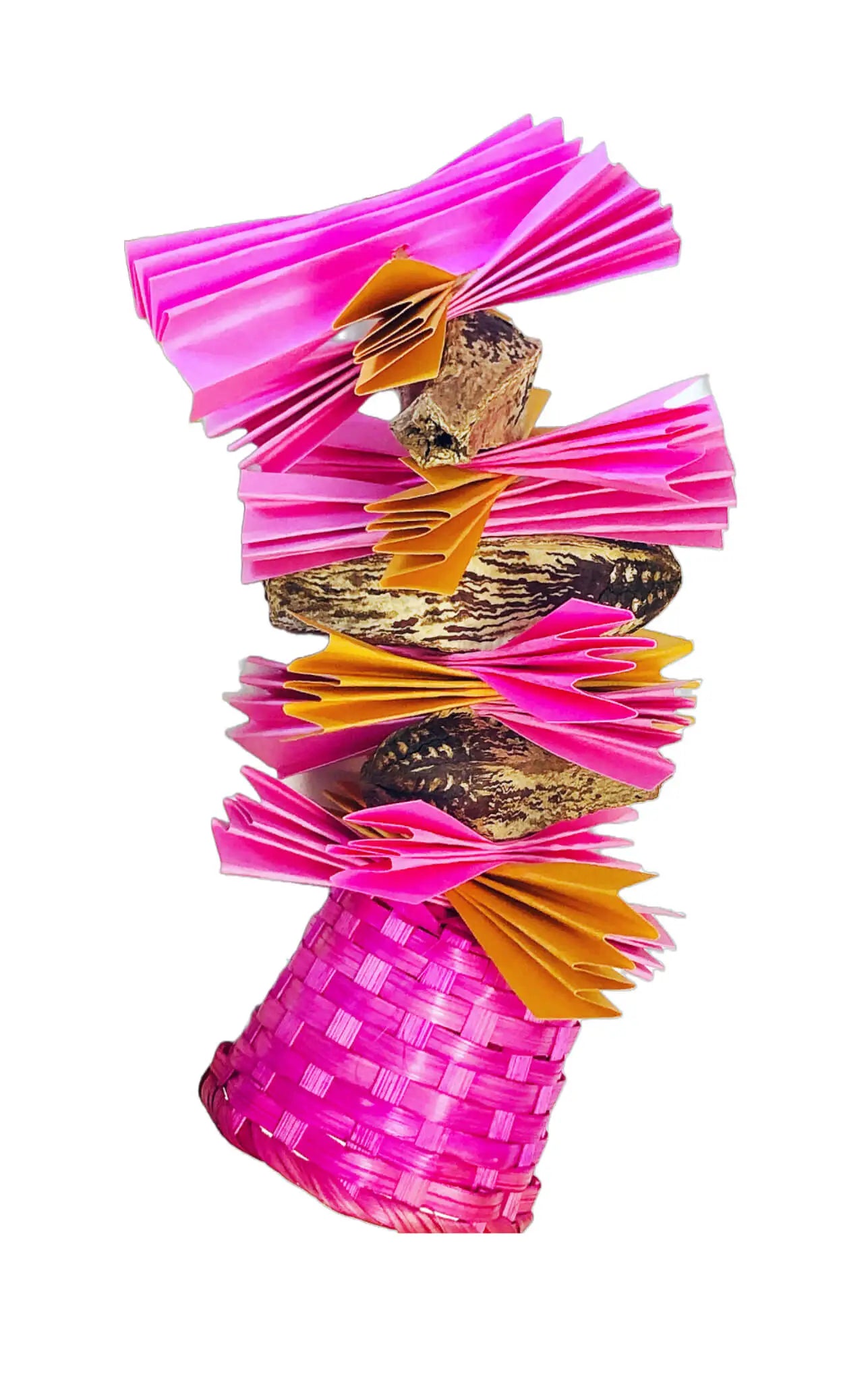 pink shreddable bird toys with basket