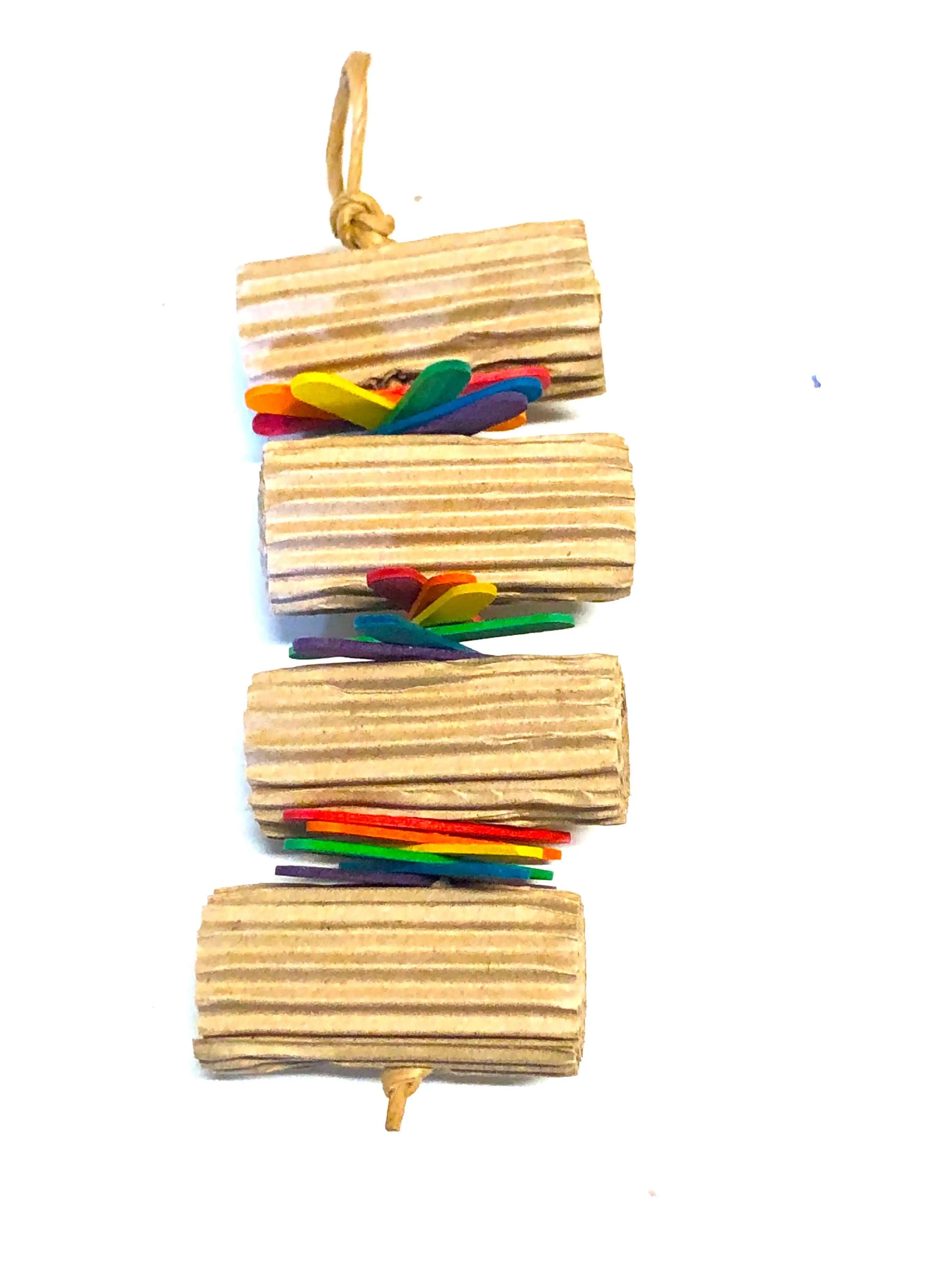 shreddable roll of cardboard bird toy with popsicle sticks