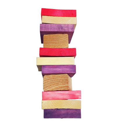 Large pinewood bird toy with pink and purple blocks